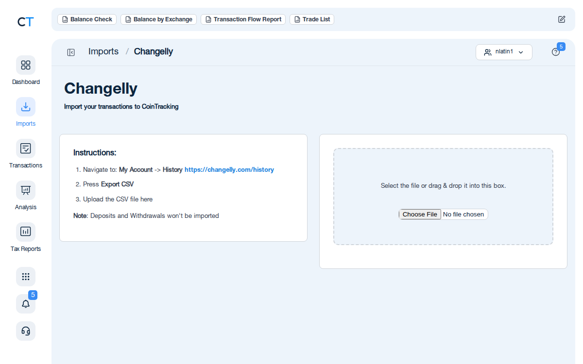Changelly CSV import page in CoinTracking showing the import instructions and file upload area