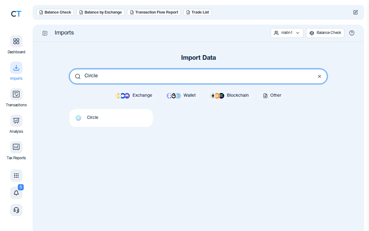CoinTracking import search showing the Circle exchange card after typing Circle in the search box