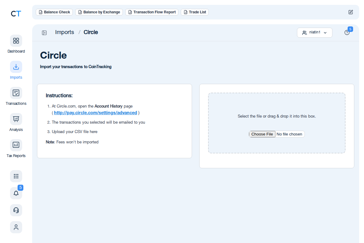Circle CSV import page in CoinTracking showing the import instructions and file upload area