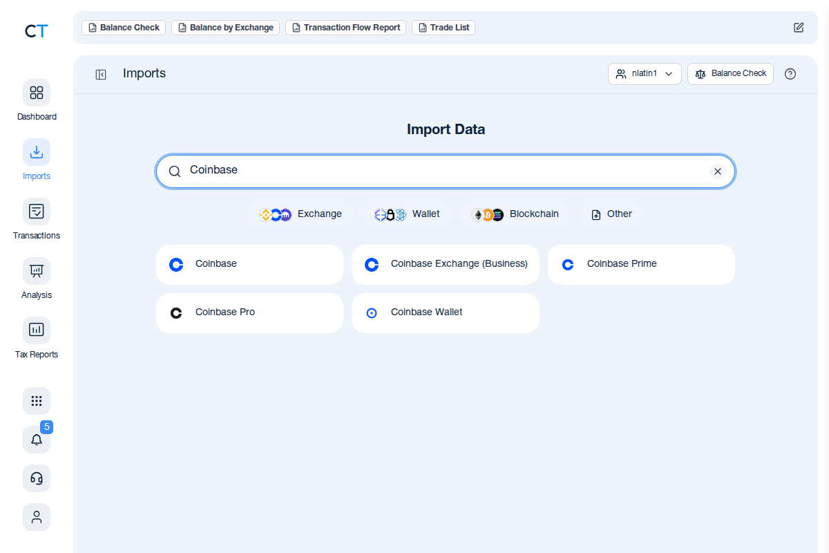 CoinTracking Import-Suche mit Coinbase-Ergebnissen, darunter Coinbase Exchange (Business)