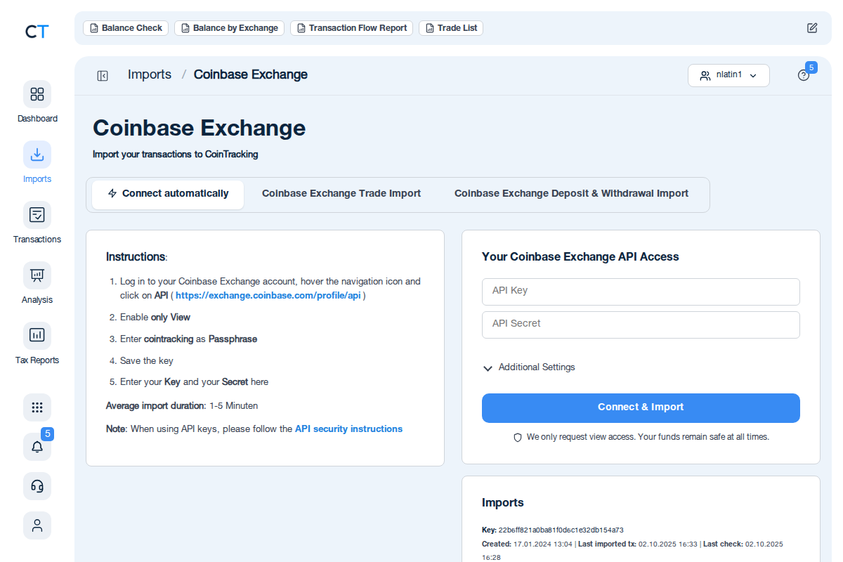 Coinbase Exchange Business Import-Seite in CoinTracking mit API-Key-Feldern und Importanleitung