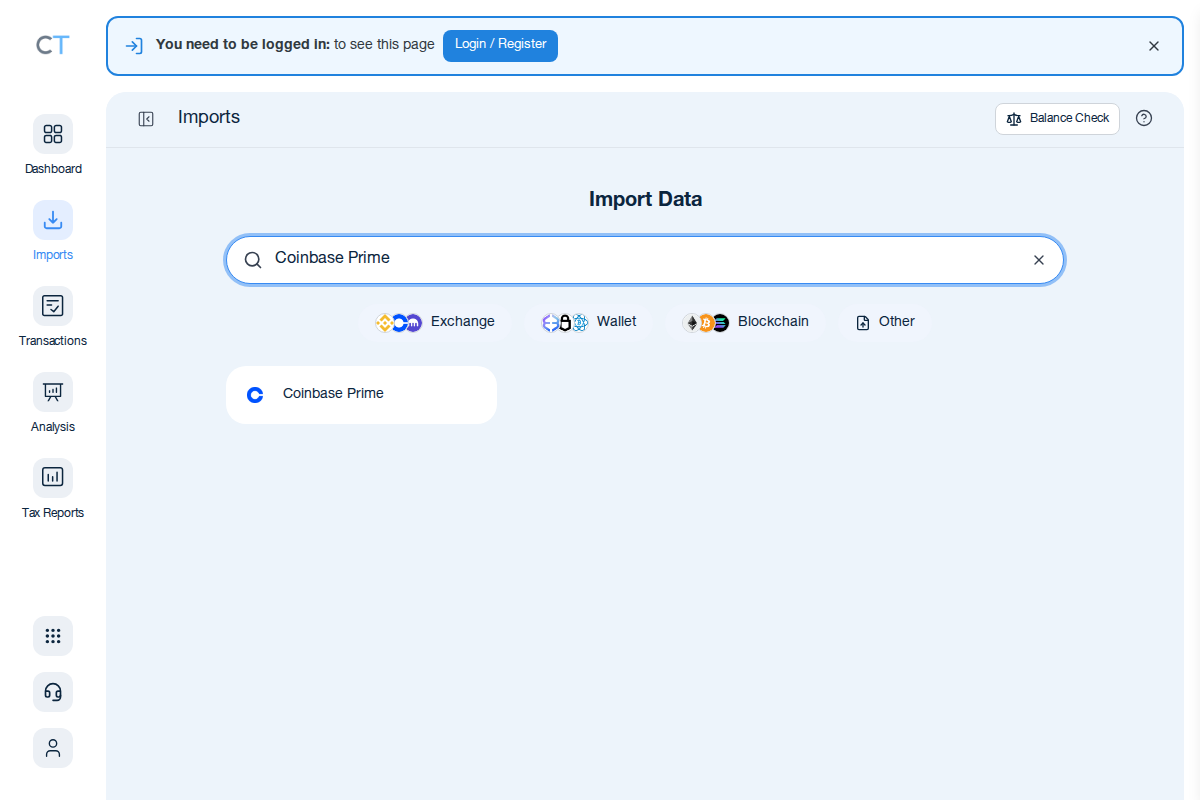CoinTracking Import-Suche mit Coinbase Prime Ergebnis nach Eingabe in das Suchfeld
