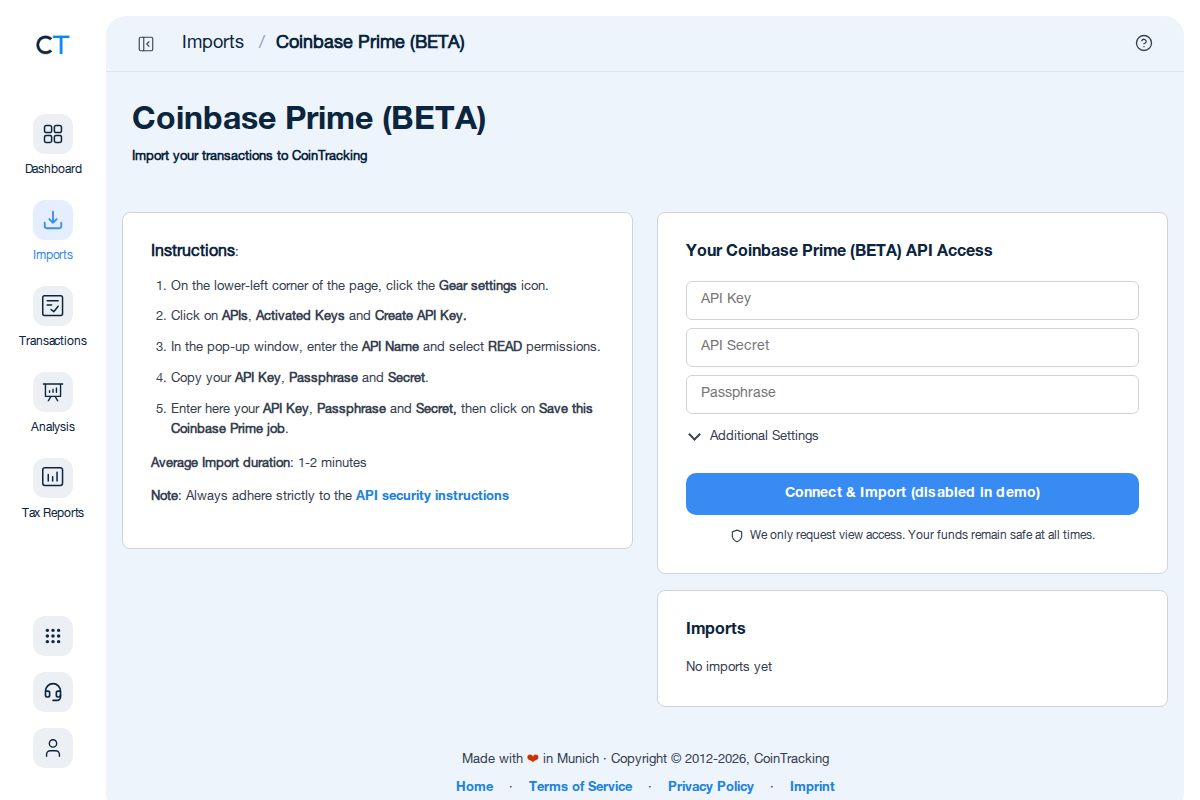 Coinbase Prime API Import-Seite in CoinTracking mit API-Schlüssel-Eingabefeldern