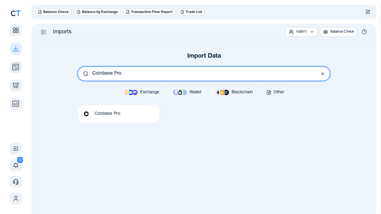 CoinTracking Import-Suche mit Coinbase Pro-Ergebnis