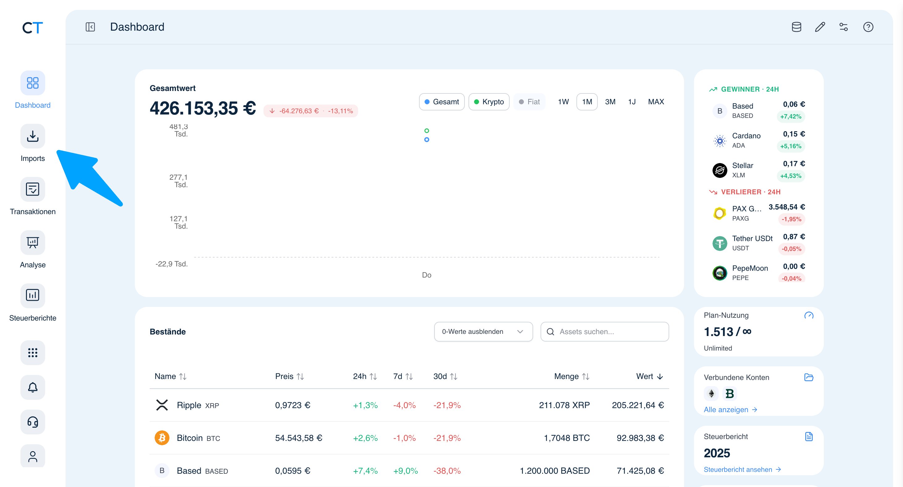 CoinTracking Dashboard mit hervorgehobenem Import-Symbol in der linken Navigation