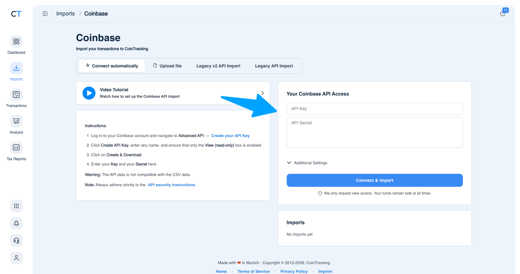 CoinTracking Coinbase import page showing Connect automatically tab with API Key and API Secret fields