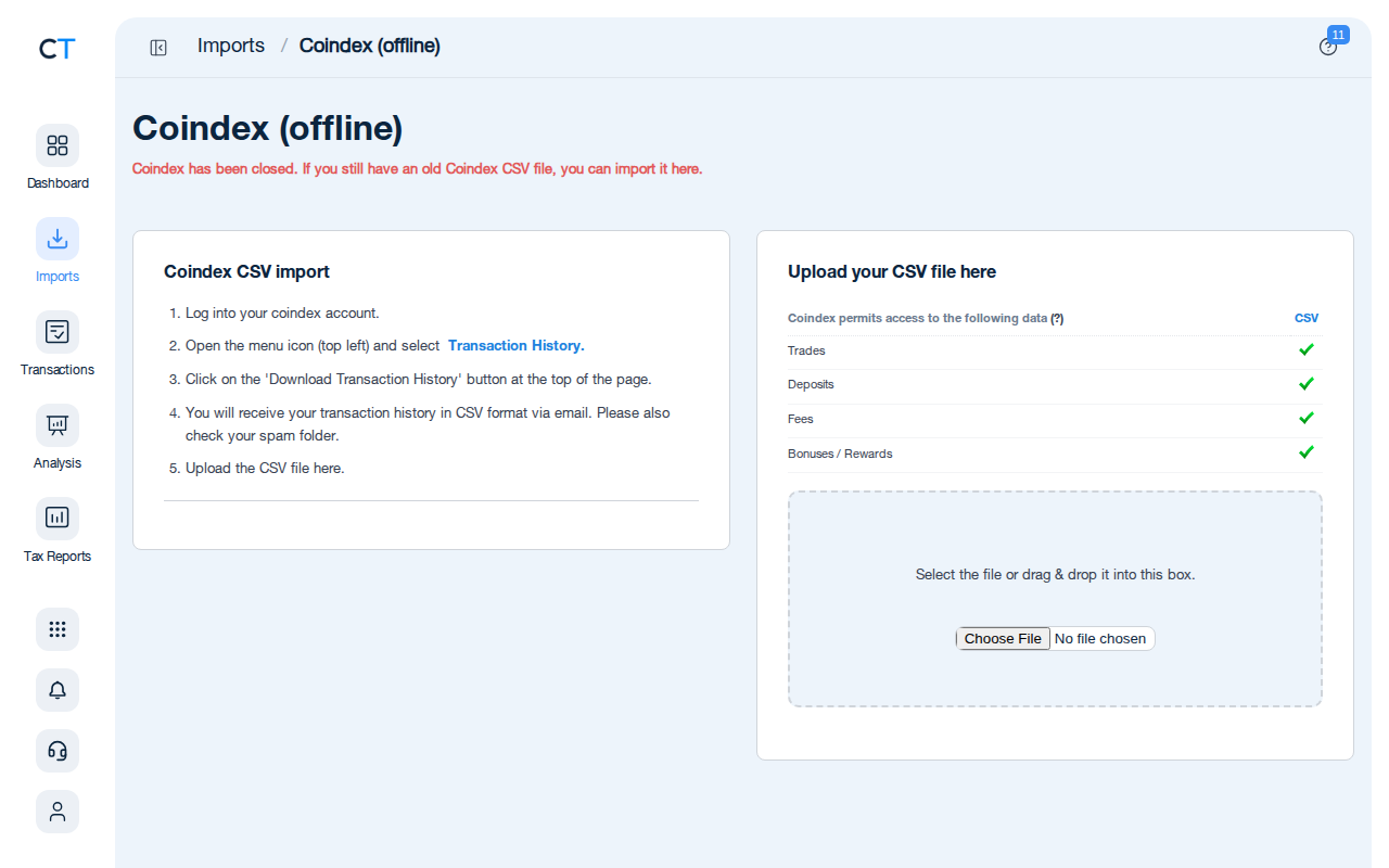 Coindex Import-Seite in CoinTracking mit CSV-Upload-Anleitung