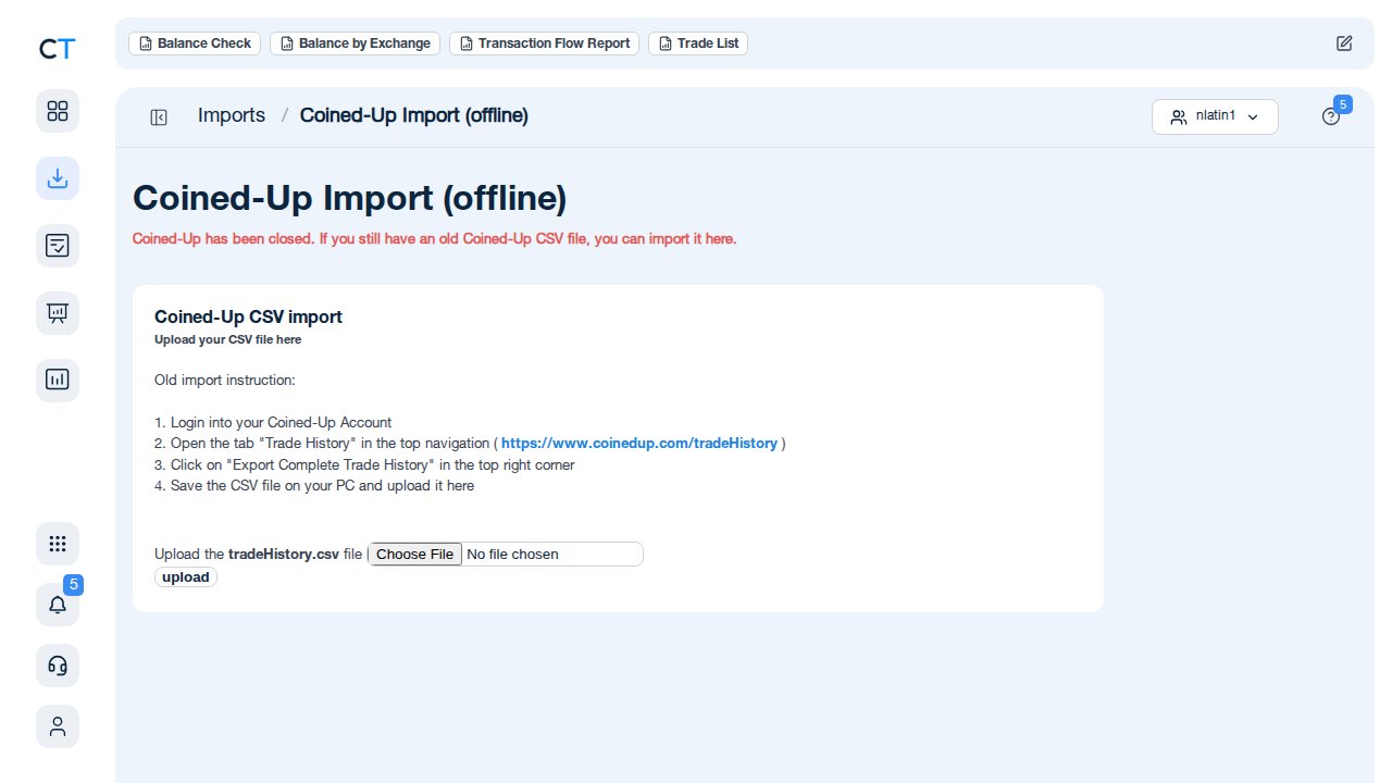 Coined-Up Import-Seite in CoinTracking mit CSV-Upload-Feld