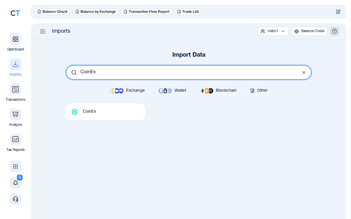 CoinTracking import search showing the CoinEx exchange card after typing CoinEx in the search box