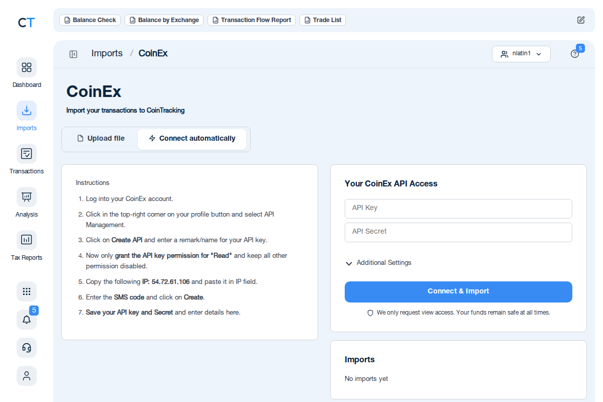 CoinEx import page in CoinTracking showing API connection and CSV upload options