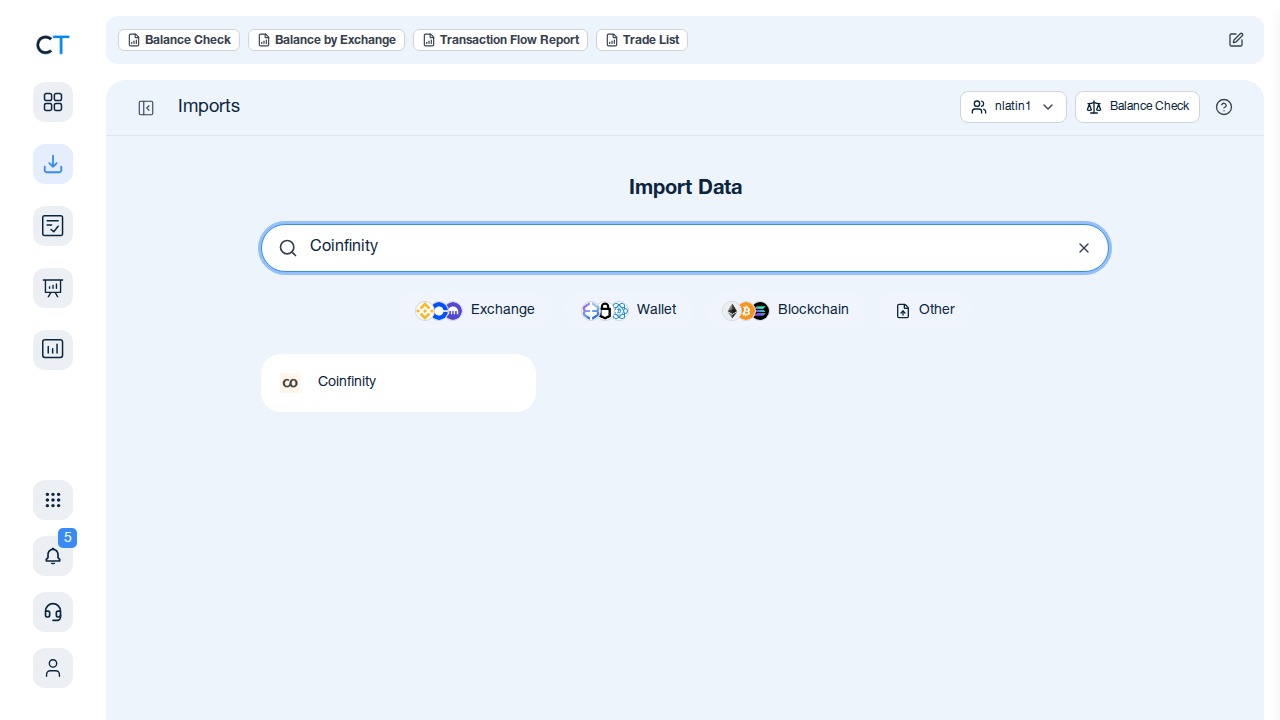 CoinTracking import search showing Coinfinity in the results