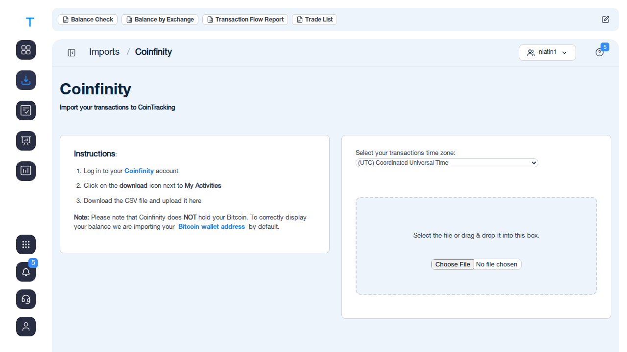 Coinfinity import page in CoinTracking showing CSV upload instructions