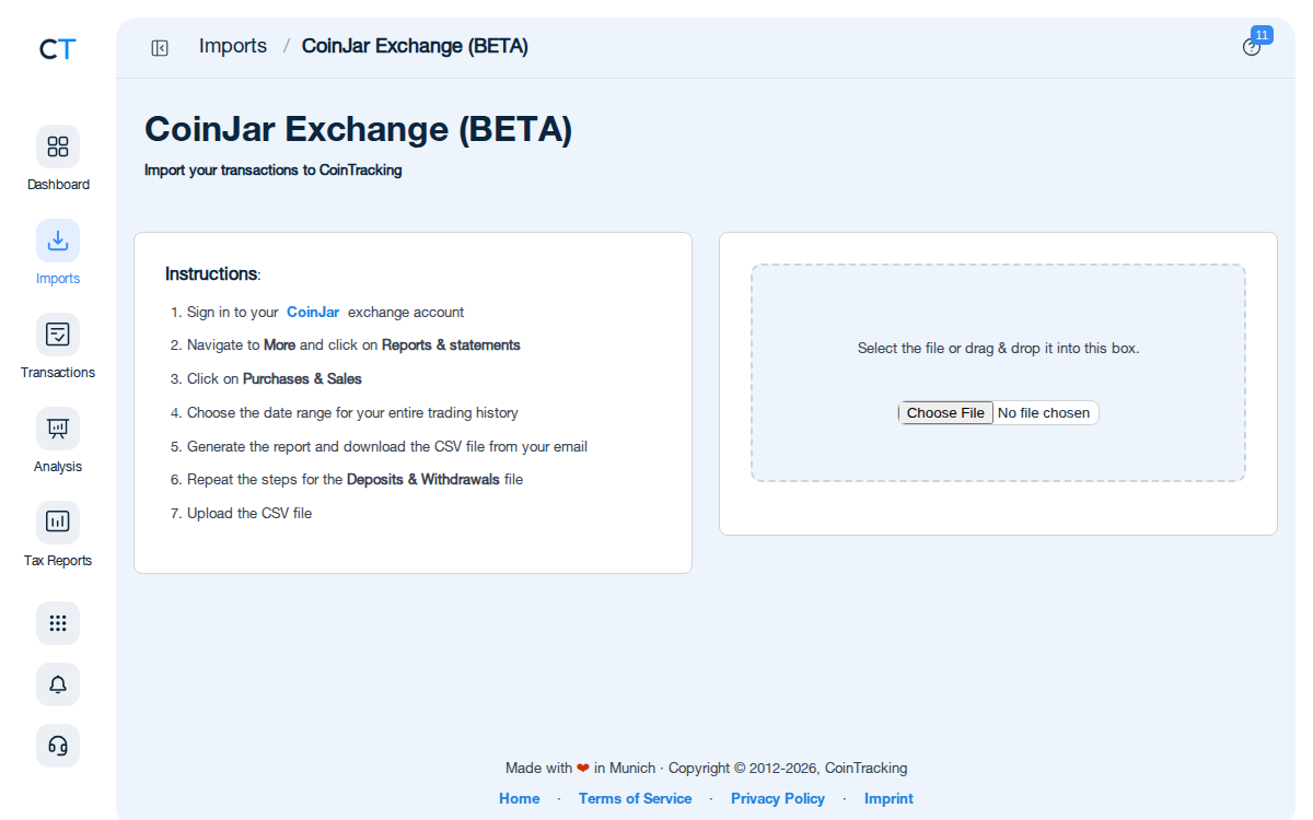 CoinJar Import-Seite in CoinTracking mit Importanleitung und CSV-Upload-Bereich