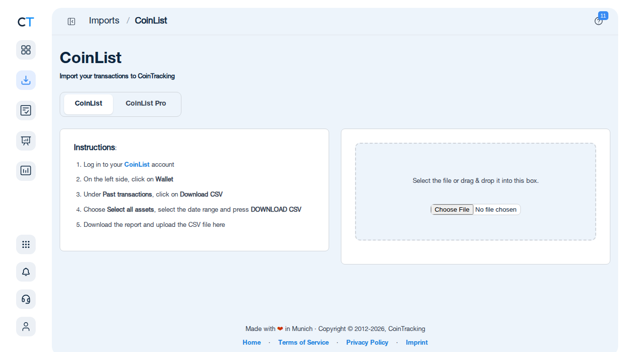 CoinList import page in CoinTracking showing CSV upload area