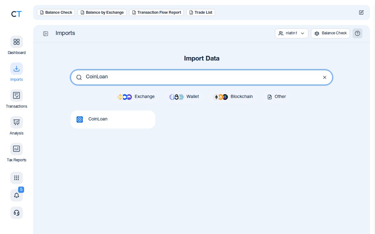 CoinTracking import search showing the CoinLoan exchange card after typing CoinLoan in the search box