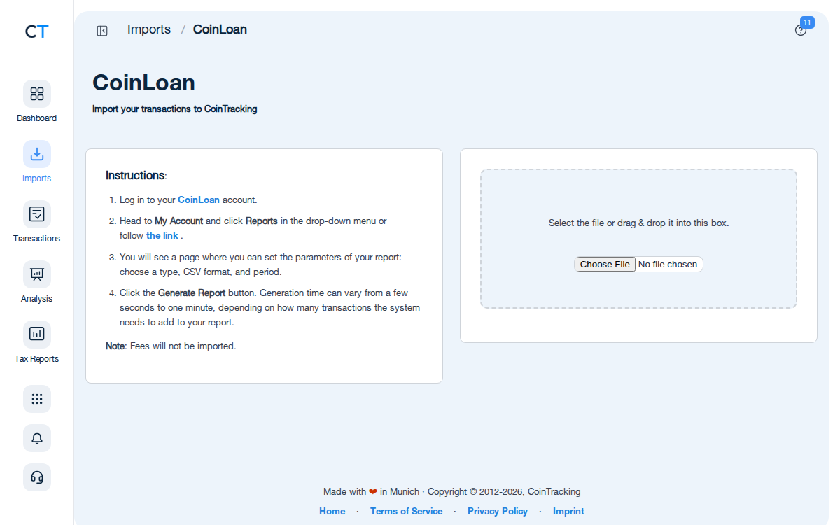 CoinLoan CSV import page in CoinTracking showing the import instructions and file upload area