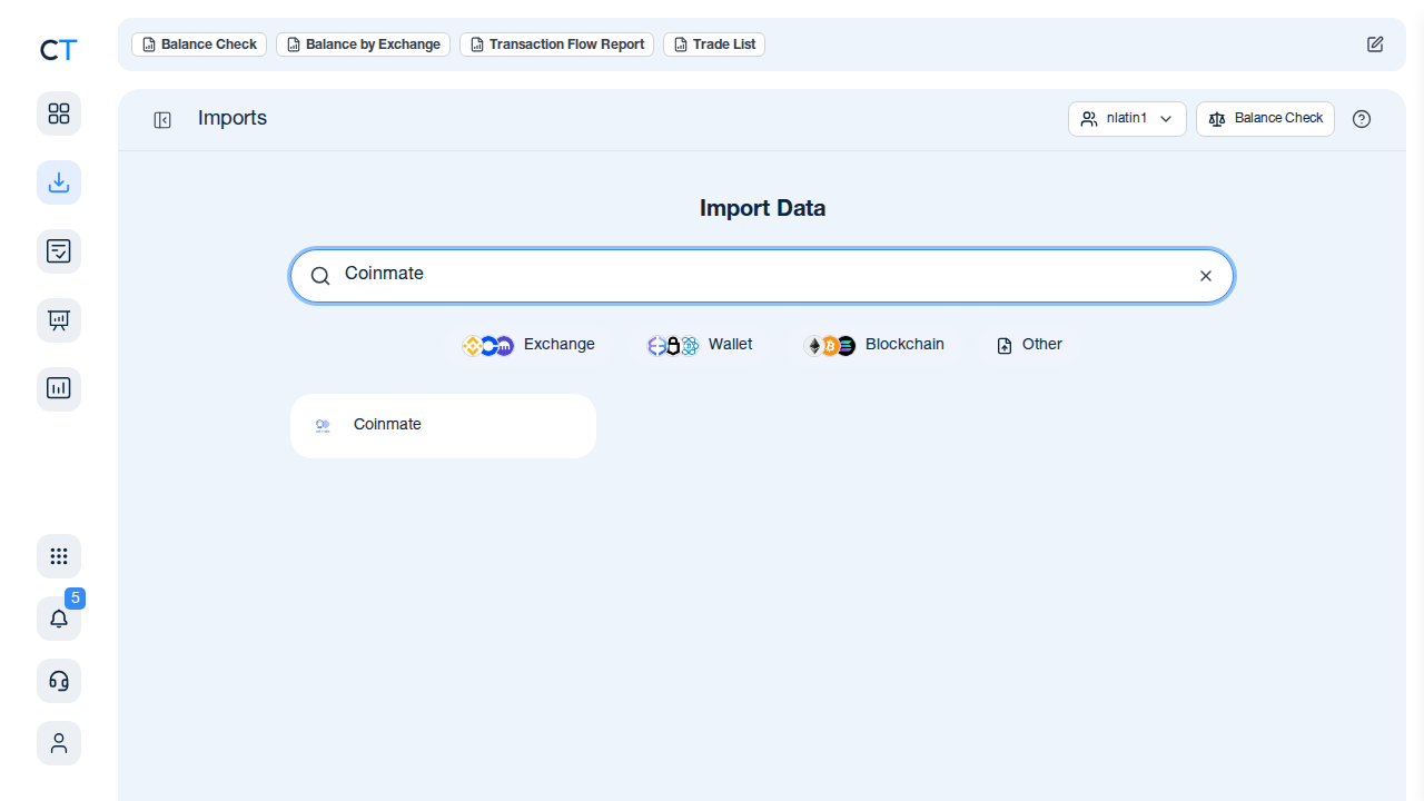 CoinTracking import search showing Coinmate result
