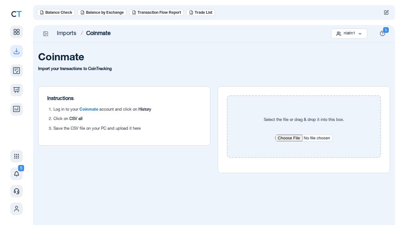 Coinmate import page in CoinTracking showing CSV upload options
