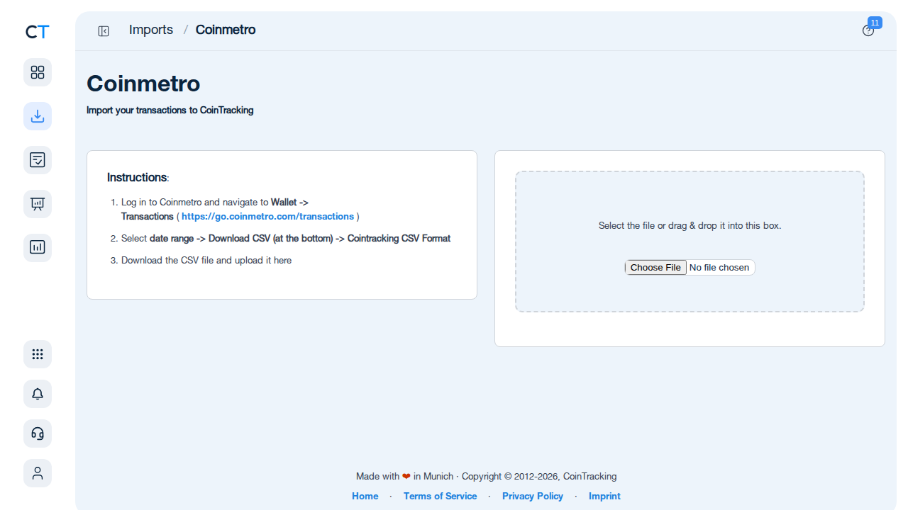 Coinmetro Import-Seite in CoinTracking mit CSV-Upload-Bereich und Anleitung