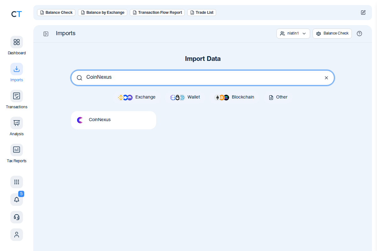CoinTracking import search showing the CoinNexus exchange card after typing CoinNexus in the search box