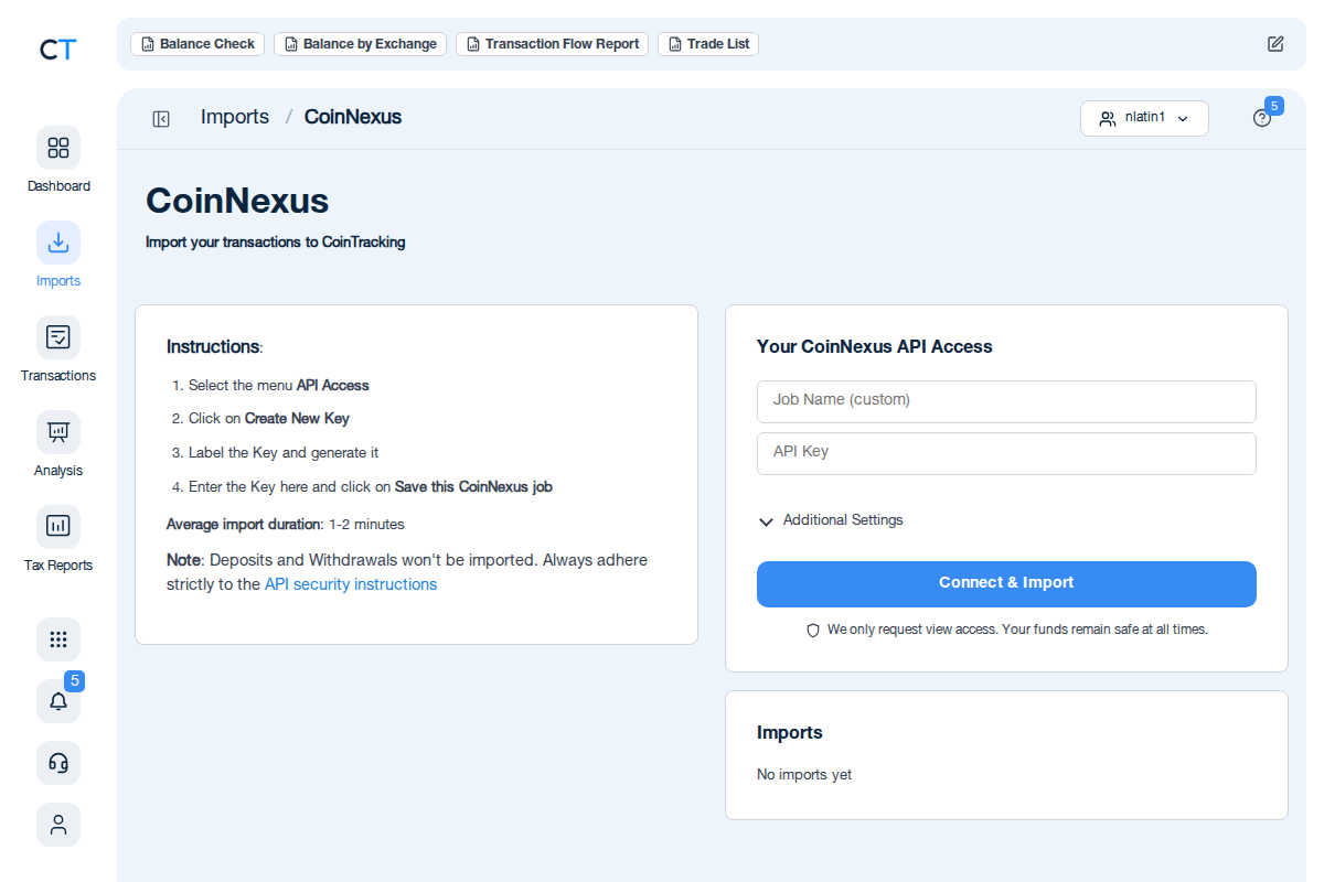 CoinNexus API import page in CoinTracking showing the API Key input field and Connect & Import button