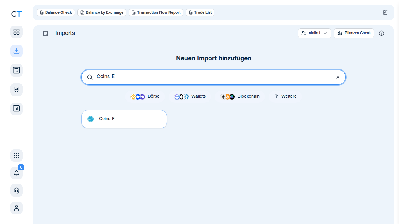 CoinTracking Import-Suche mit Coins-E Ergebnis