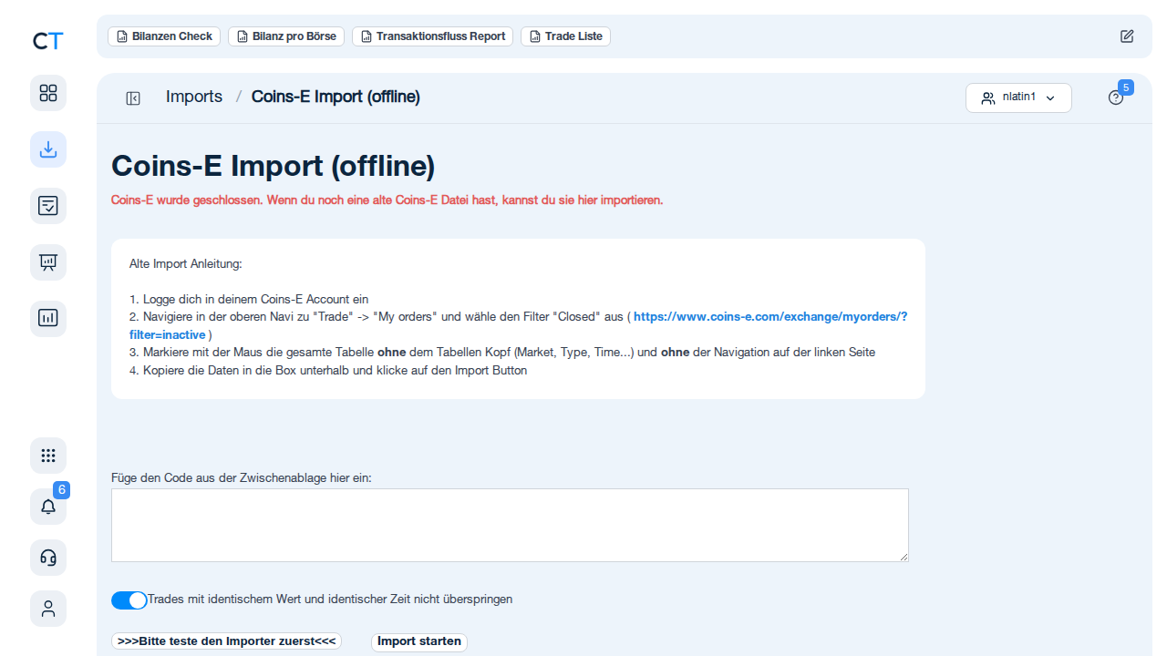 Coins-E Import-Seite in CoinTracking mit historischem Daten-Import