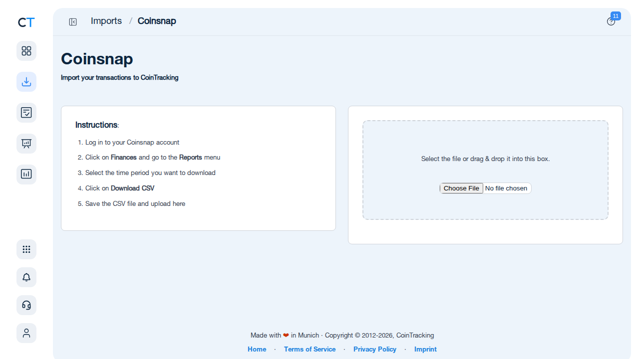 Coinsnap import page in CoinTracking showing CSV upload area and instructions