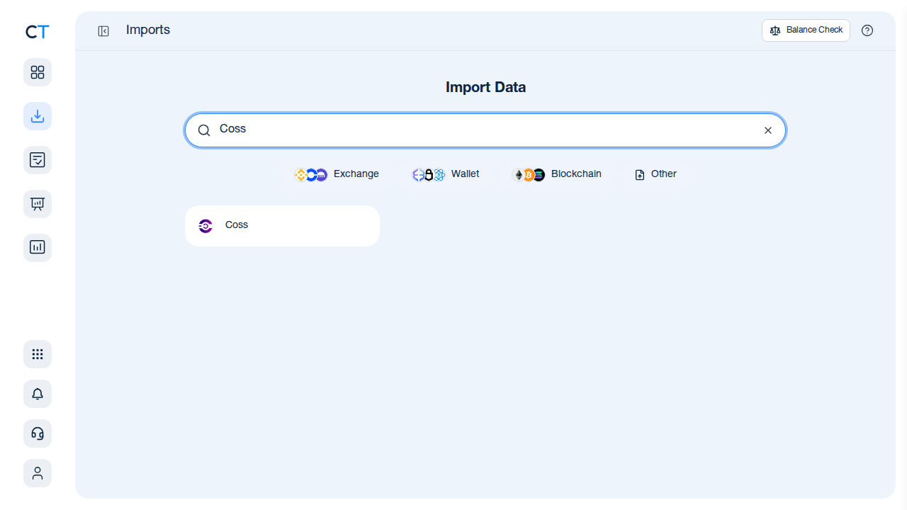CoinTracking import search showing Coss result