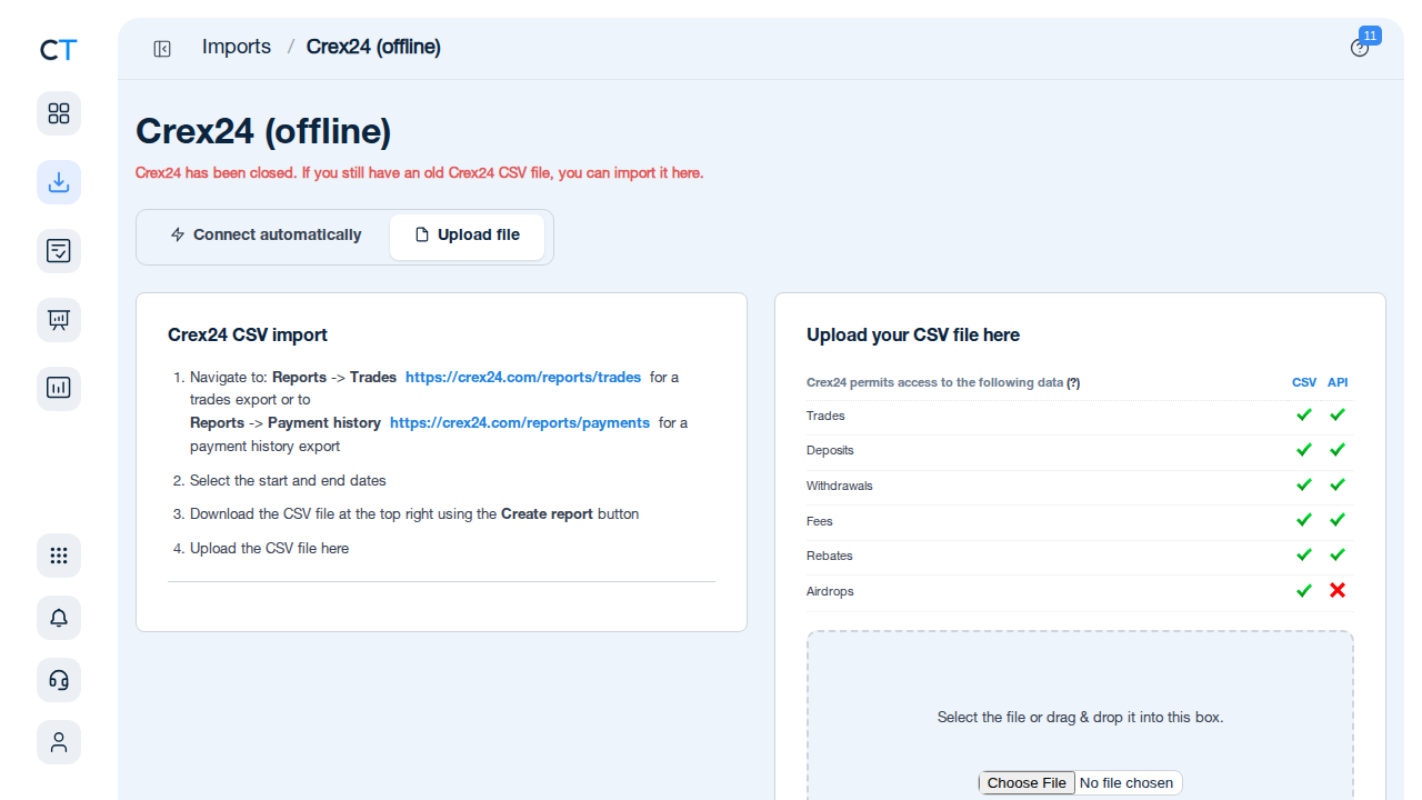 Crex24 Import-Seite in CoinTracking mit CSV-Upload-Anleitung