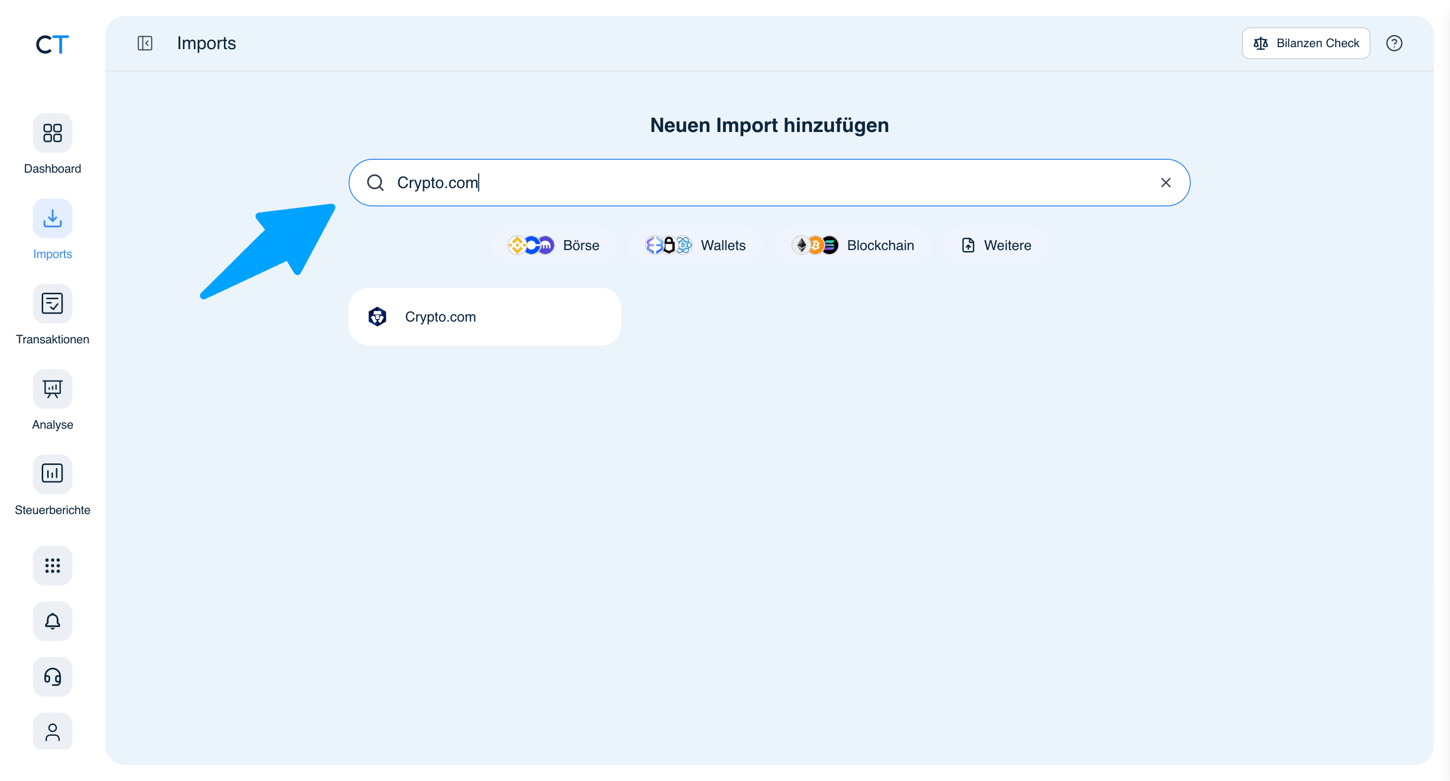 CoinTracking Import-Suche mit Crypto.com Ergebnis