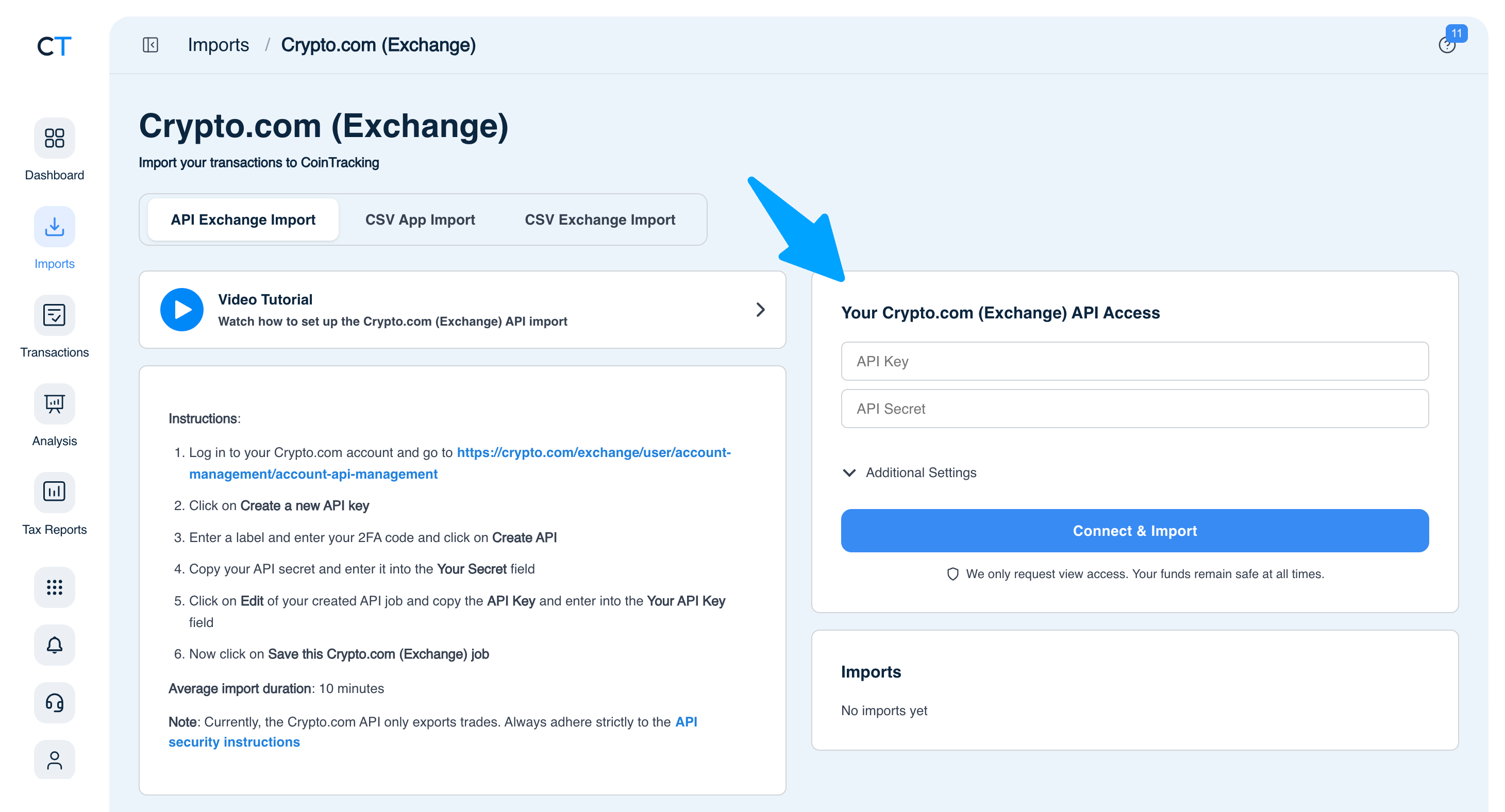 CoinTracking Crypto.com import page showing API Exchange Import, CSV App Import and CSV Exchange Import tabs