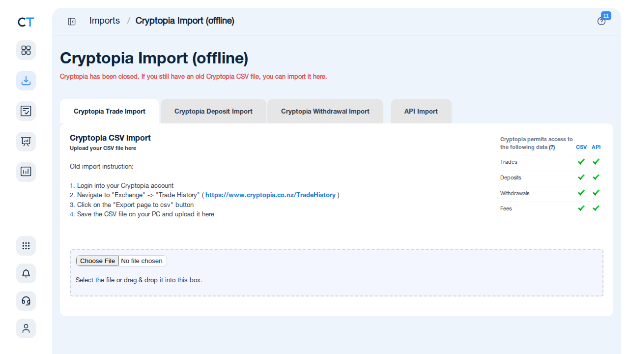 Cryptopia import page in CoinTracking showing CSV upload field