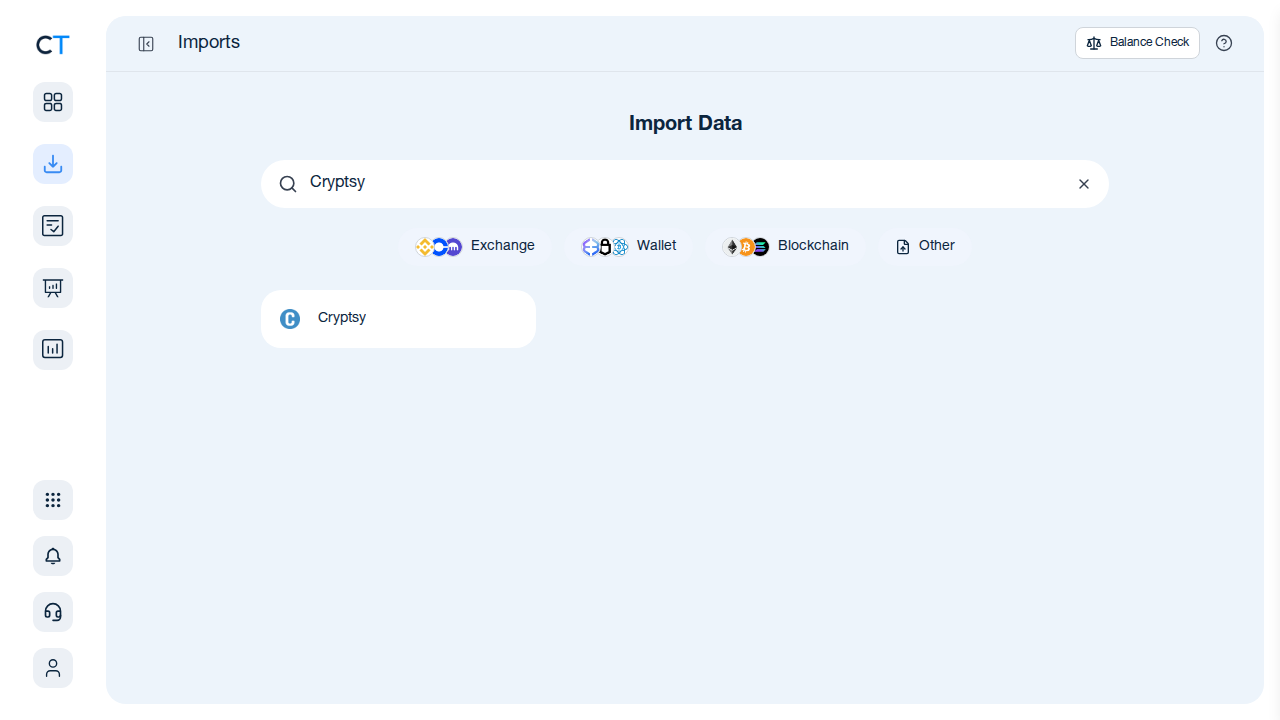 CoinTracking import search showing Cryptsy result