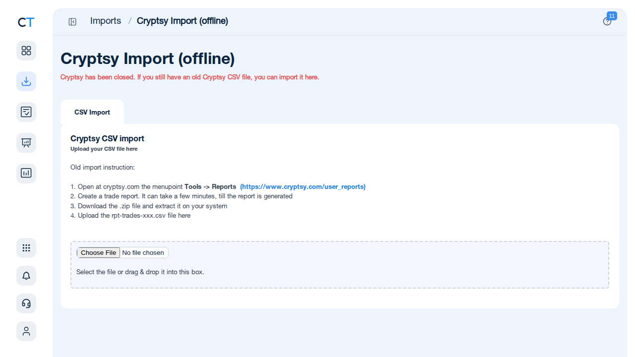 Cryptsy import page in CoinTracking showing CSV upload field