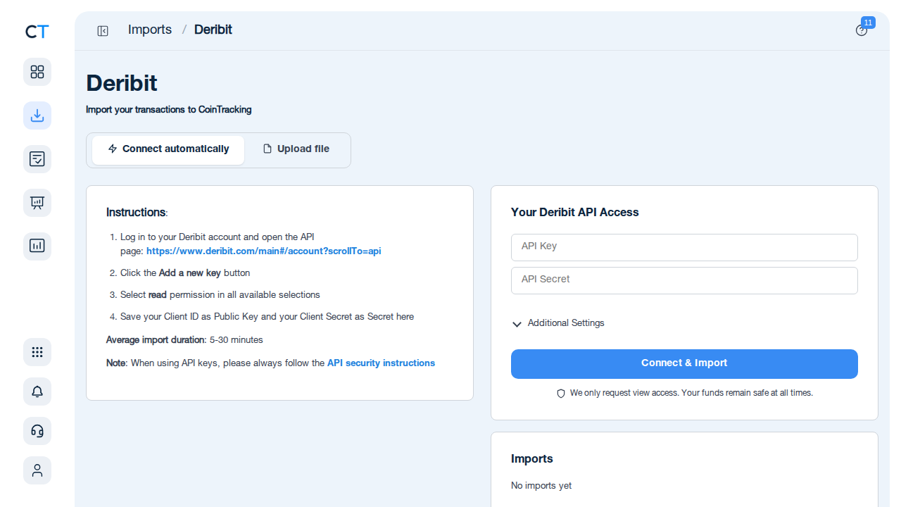 Deribit import page in CoinTracking showing API connection fields