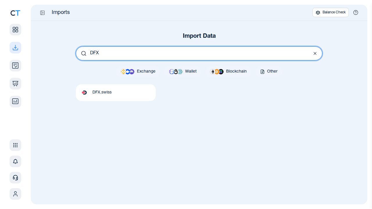 CoinTracking import search showing DFX.swiss exchange option
