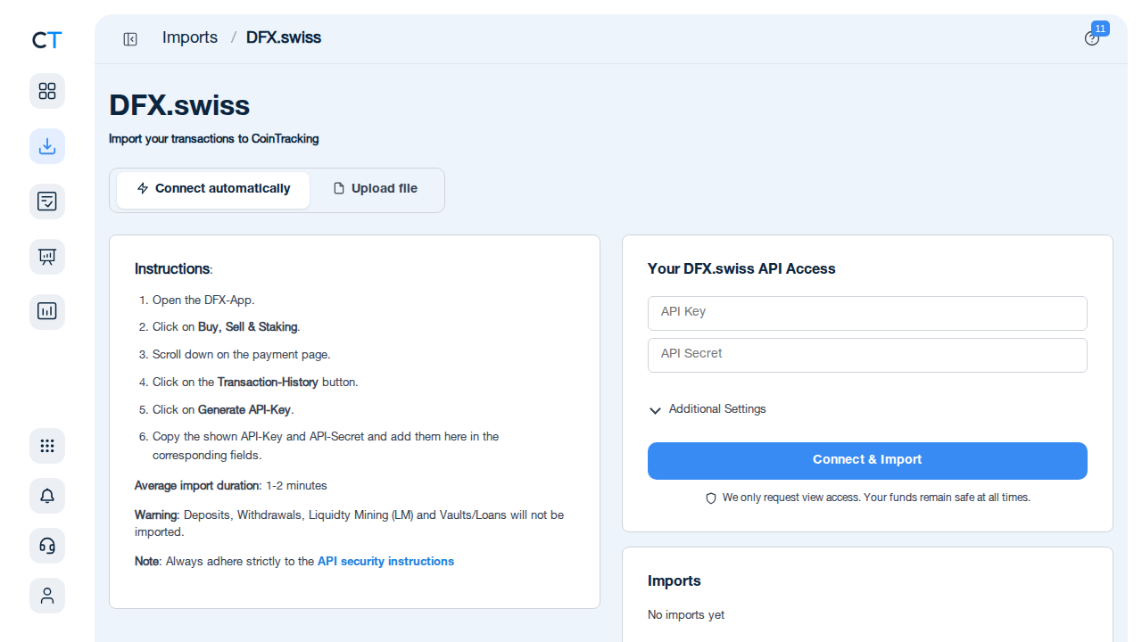 DFX.swiss import page in CoinTracking showing API Key and API Secret fields