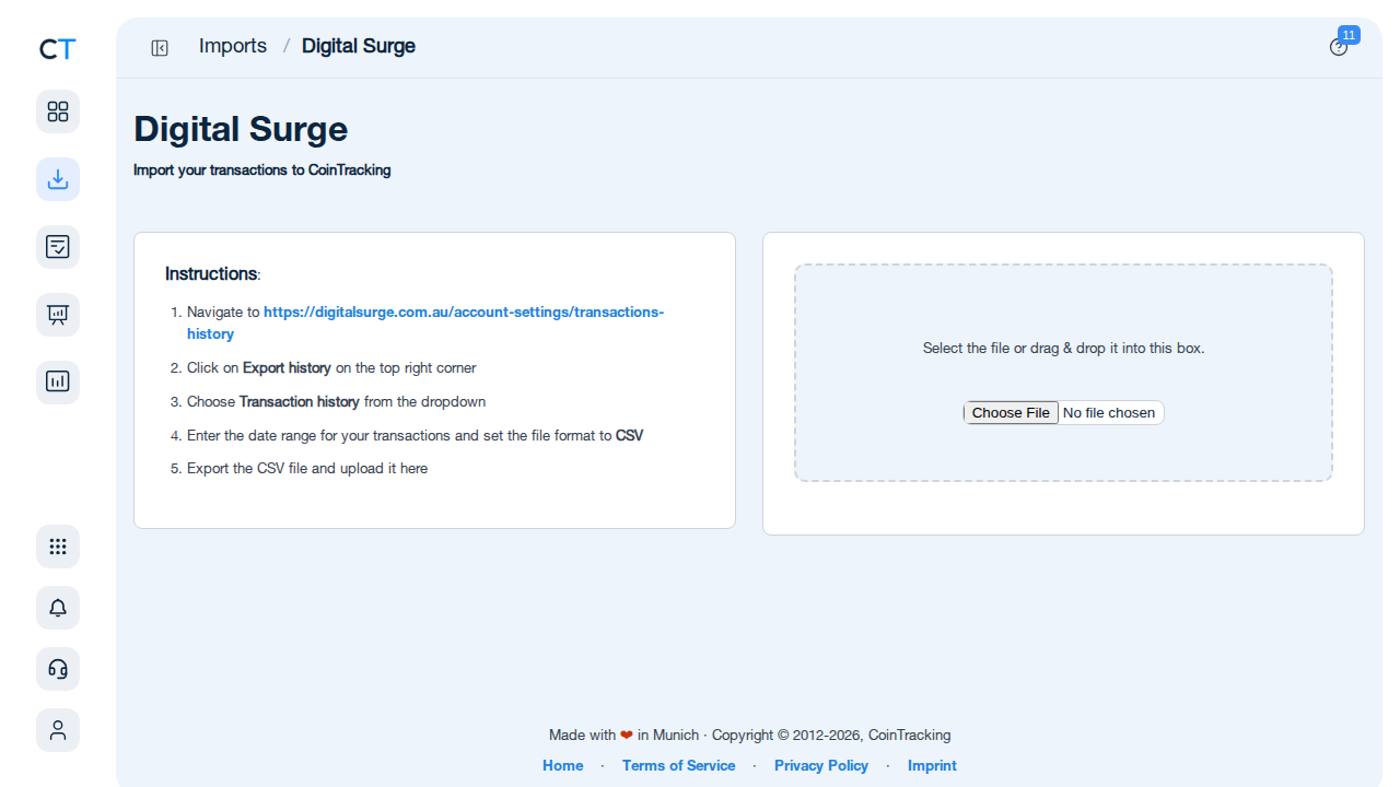Digital Surge import page in CoinTracking showing CSV upload area