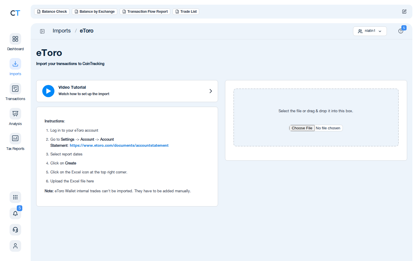 eToro Import-Seite in CoinTracking mit Link zu etoro.com/documents/accountstatement und CSV-Upload-Button