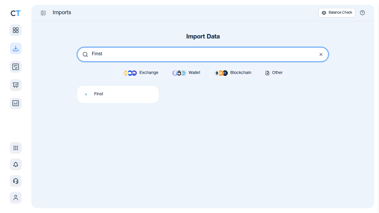 CoinTracking import search showing Finst in the results