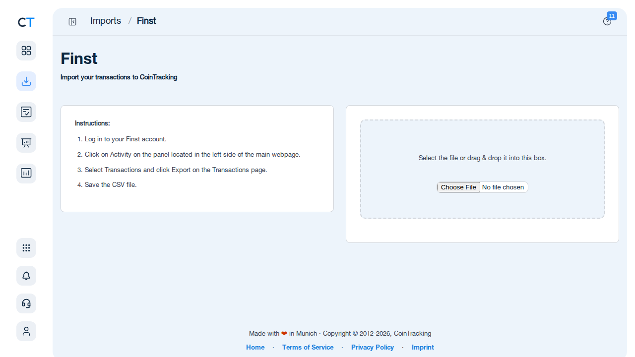 Finst import page in CoinTracking showing CSV upload area and instructions