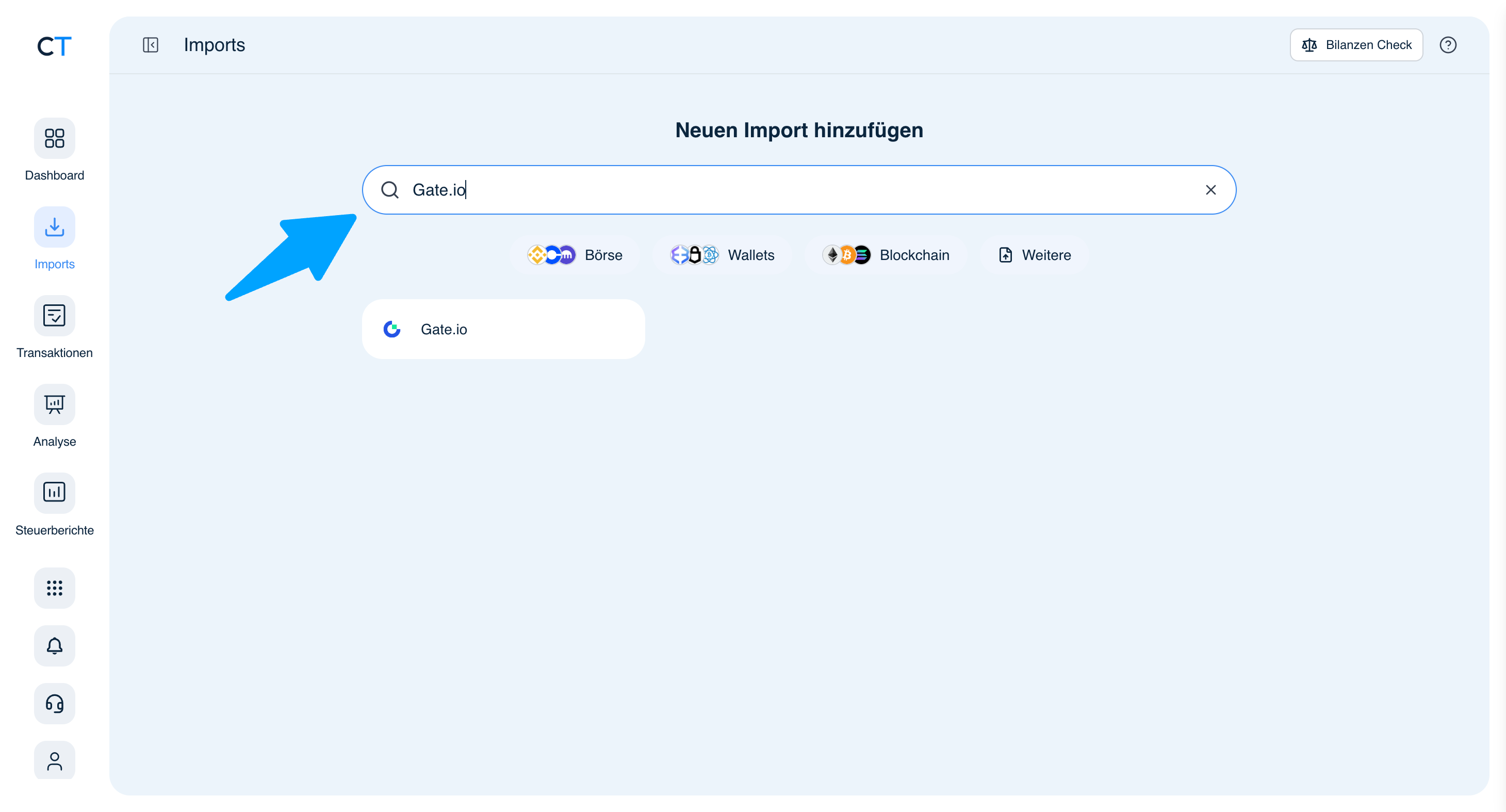 CoinTracking Import-Suche mit Gate.io Ergebnis