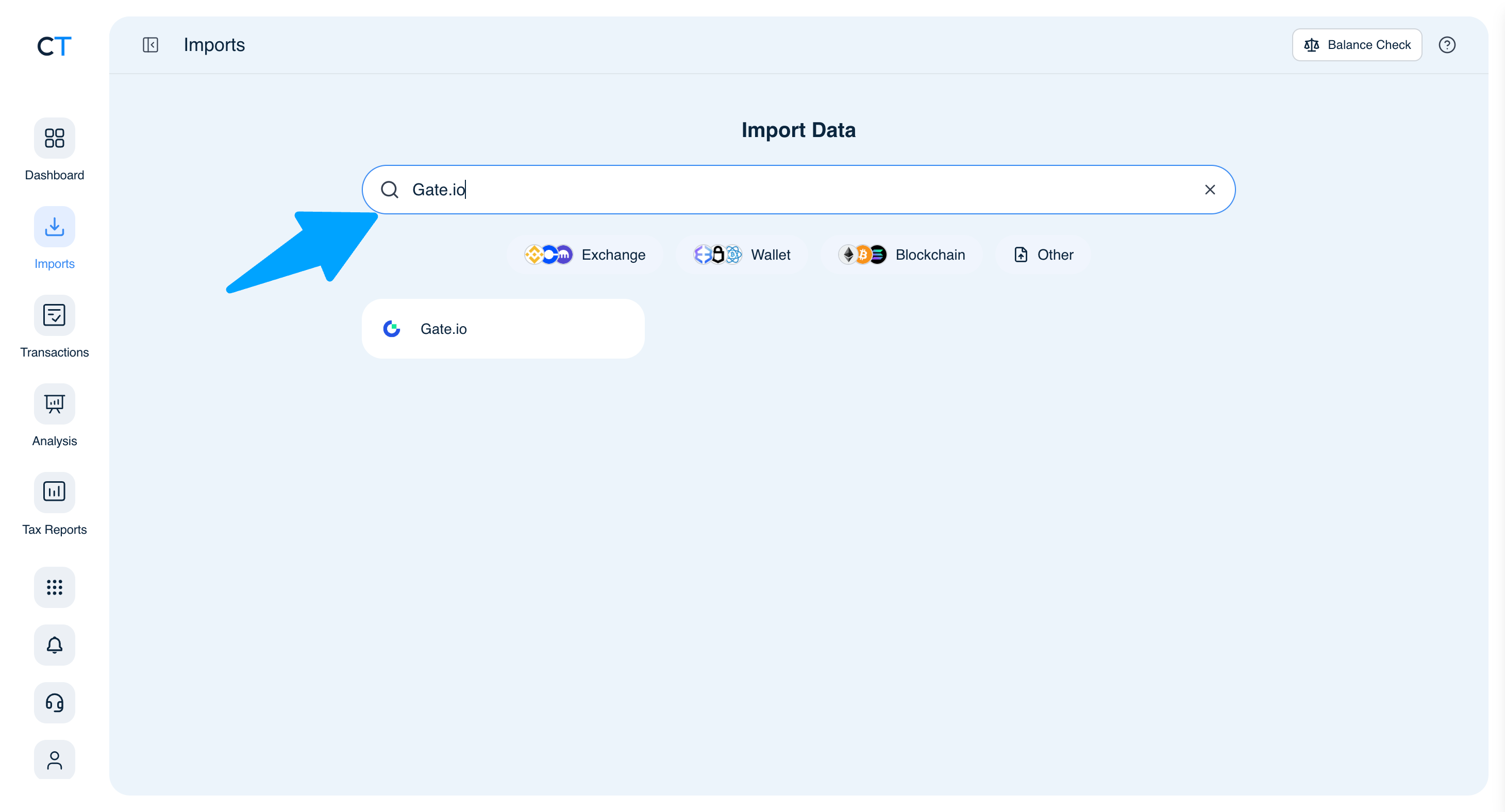 CoinTracking Import search showing Gate.io result