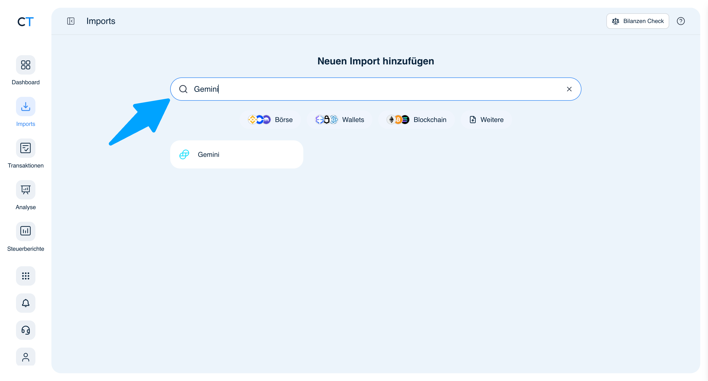 CoinTracking Import-Suche mit Gemini Ergebnis