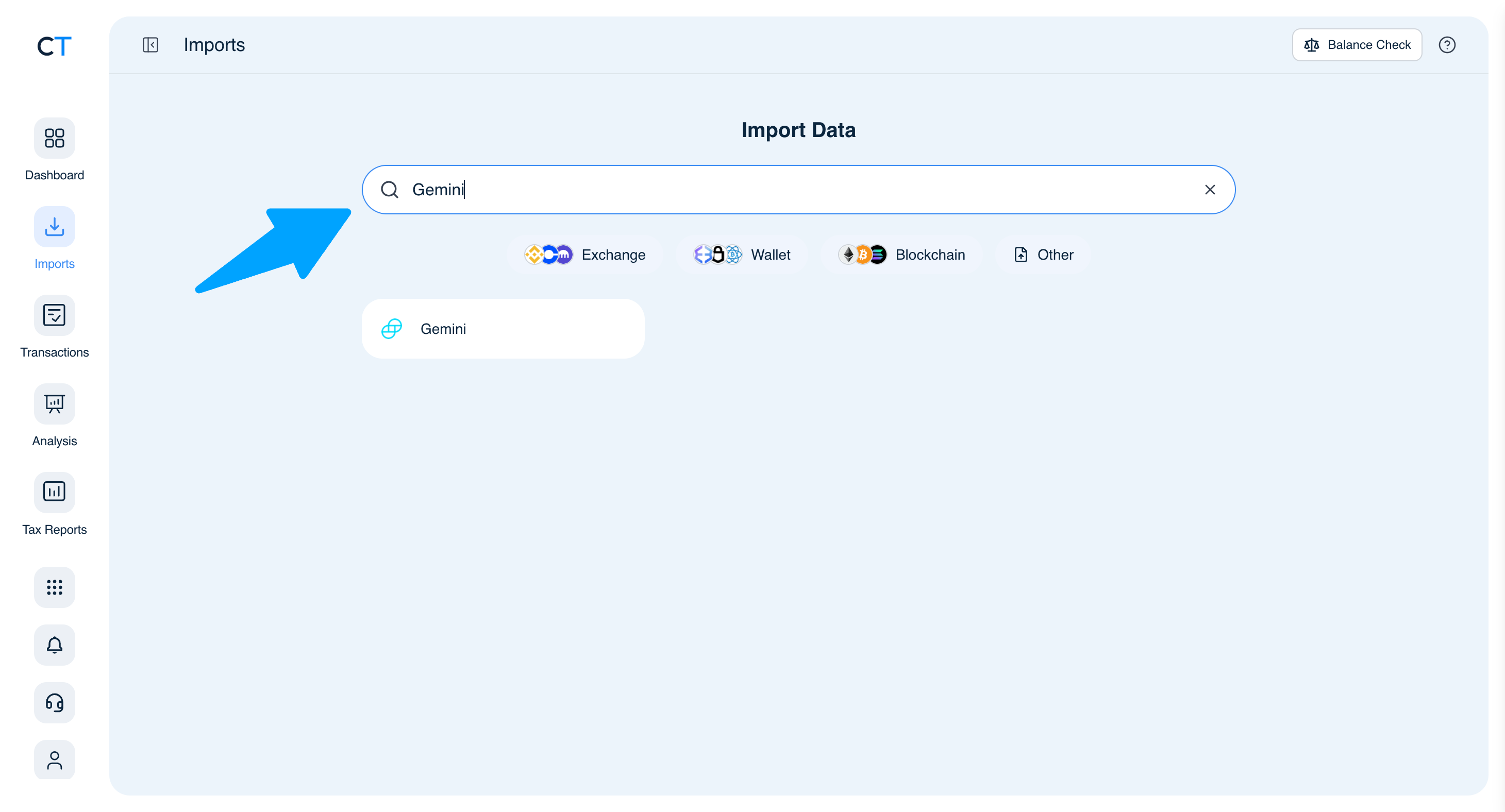 CoinTracking Import search showing Gemini result
