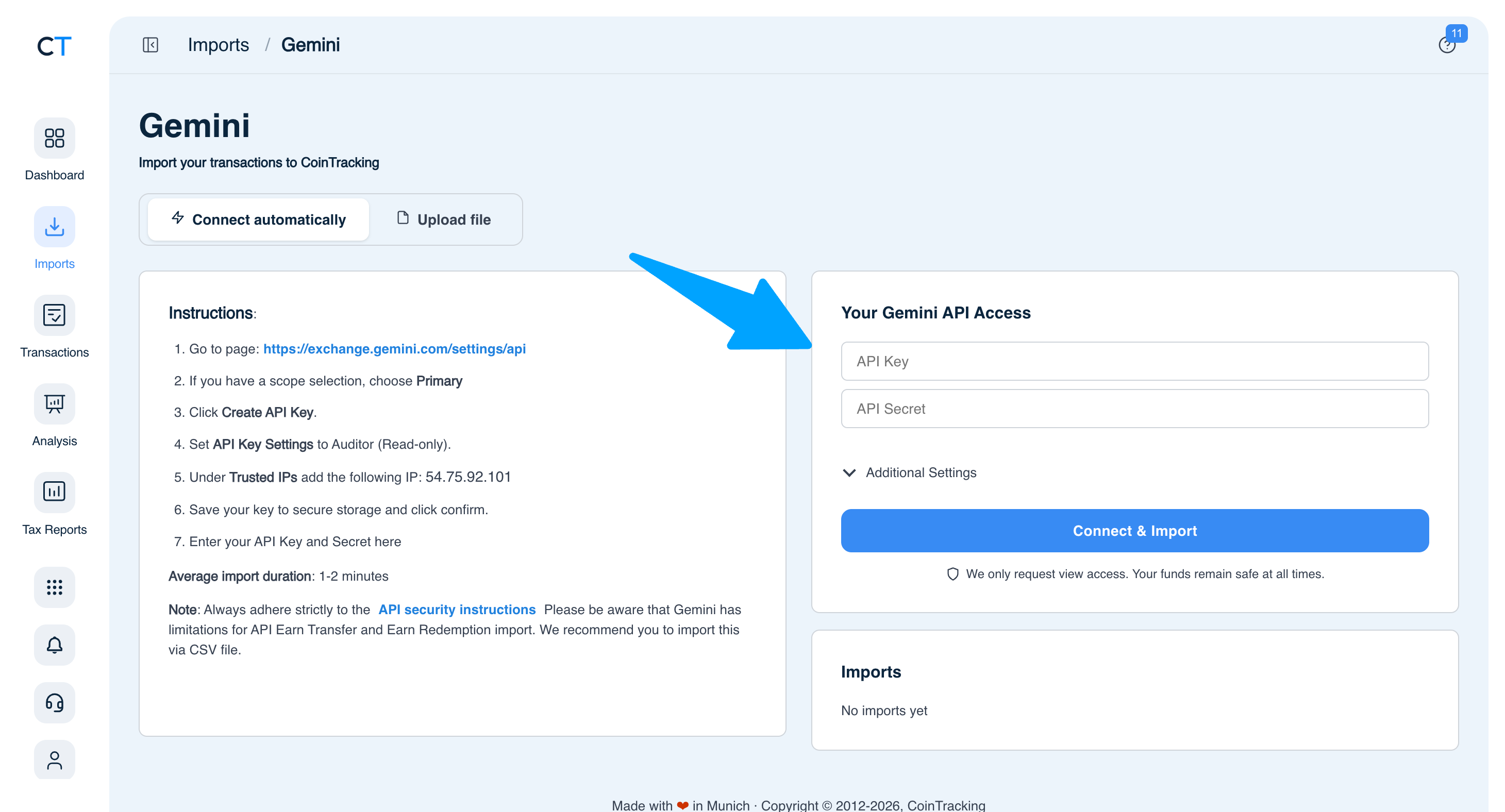 CoinTracking Gemini import page showing Connect automatically tab with API Key and API Secret fields