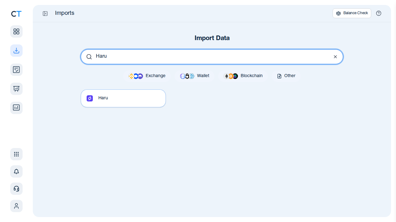 CoinTracking import search showing Haru result