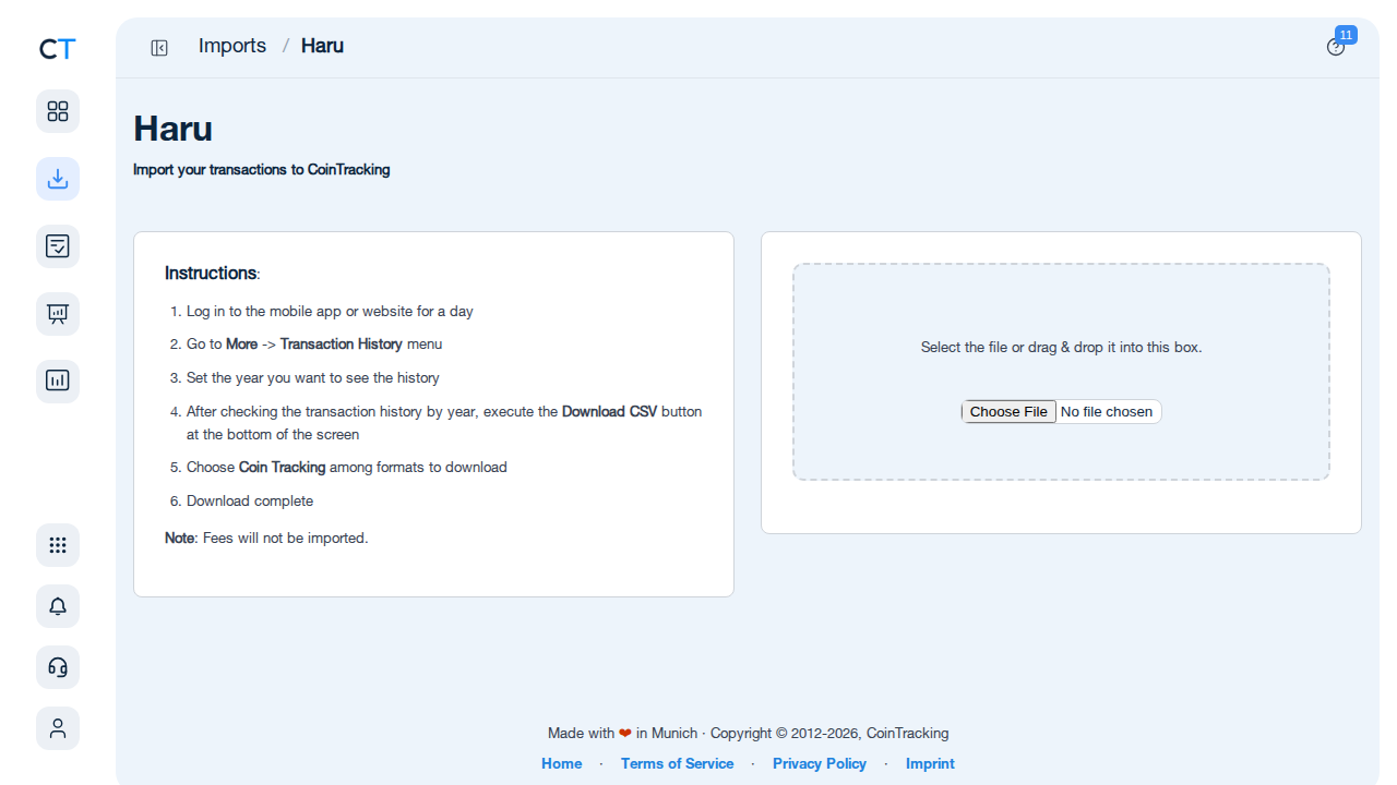 Haru import page in CoinTracking showing CSV upload field