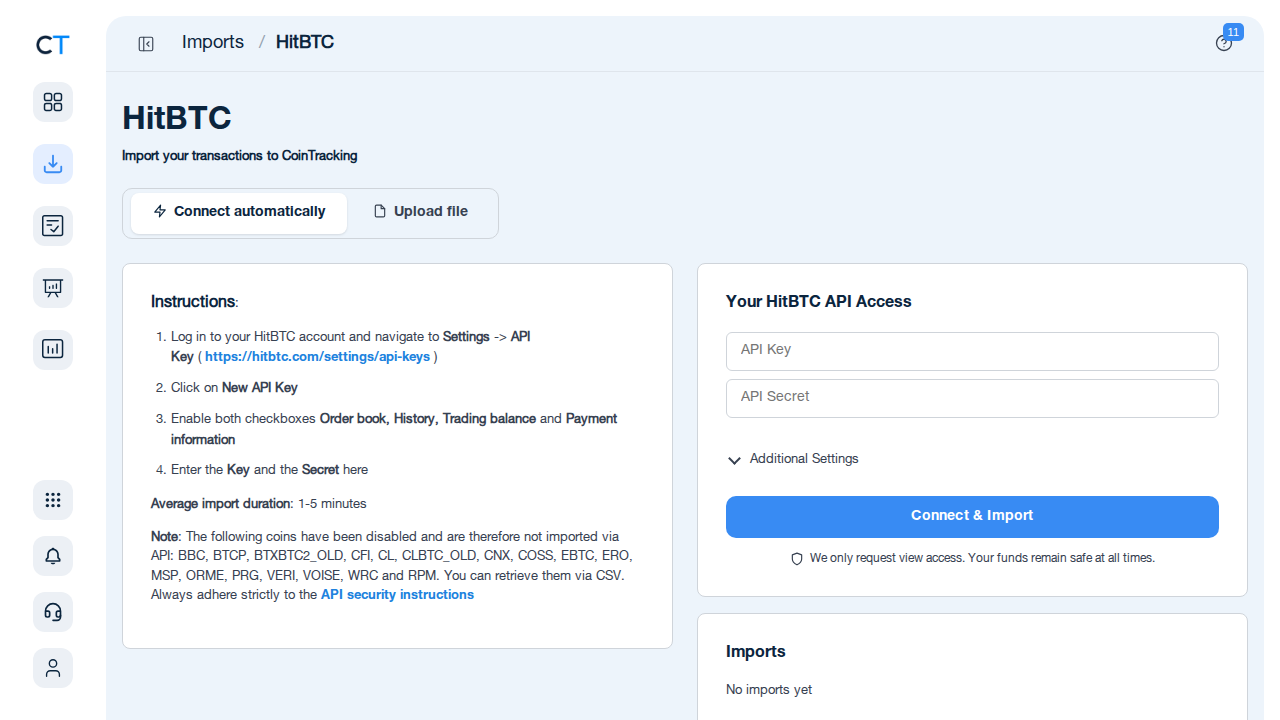HitBTC Import-Seite in CoinTracking mit API-Key-Eingabeformular